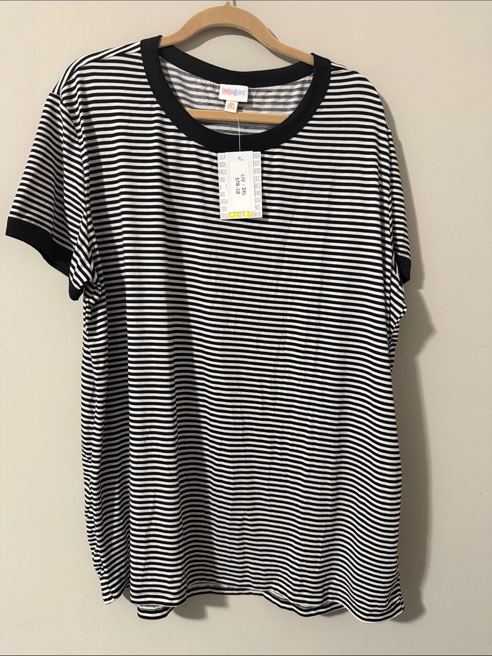 LuLaRoe Black and White Striped Short Sleeve Tee with Black Trim